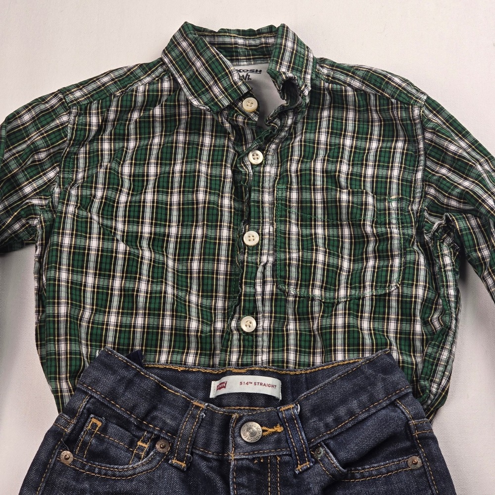 Boys OshKosh Plaid Shirt and Levis 514 Straight Jeans Set Green Blue Size 4T‎ - Picture 2 of 16